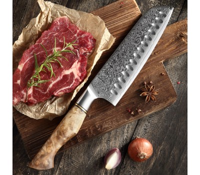 HEZHEN Master series Damascus Santoku, Сантоку ніж, 180мм